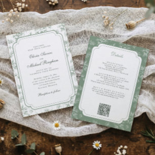 Vintage French Toile Floral Sage Green Wedding Invitation