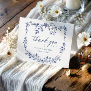 Vintage French Toile Navy Blue Photo Wedding Thank You Card
