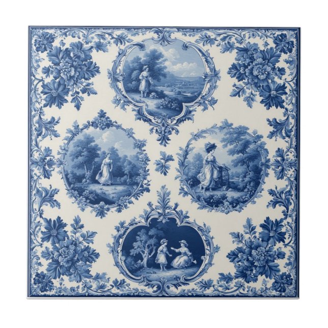 Vintage French Toile Pastoral Countryside Scenery  Tile (Front)