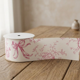Vintage French Toile Pink Coquette Bow Pattern Satin Ribbon