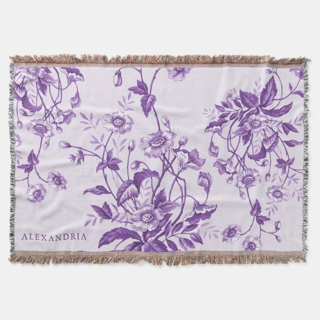 Vintage French Toile Purple Personalised Throw Blanket (Front)