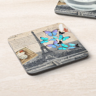 Vintage French Travel Butterfly Paris Eiffel Tower Coaster