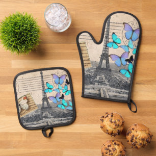 Vintage French Travel Butterfly Paris Eiffel Tower Oven Mitt & Pot Holder Set