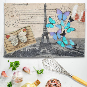 Vintage French Travel Butterfly Paris Eiffel Tower Tea Towel
