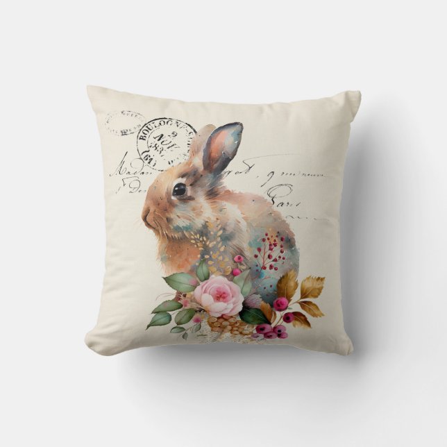 Vintage French watercolour rabbit and flowers Cushion (Front)