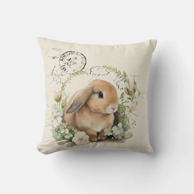 Vintage French watercolour rabbit and flowers Cushion (Front)