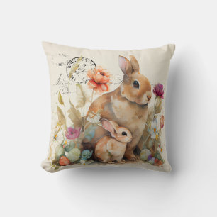 Vintage French watercolour rabbit and flowers Thro Cushion