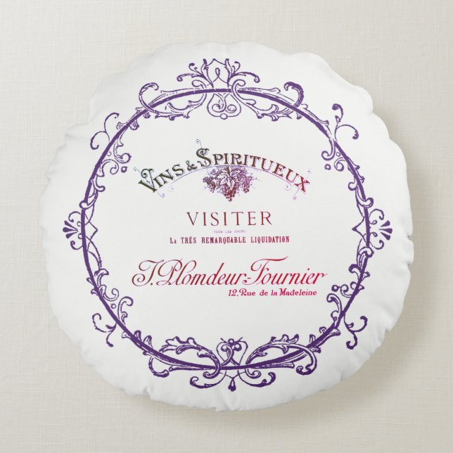 Vintage French Wine Label Round Pillow (Front)