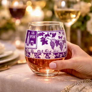 Vintage French Wine Label Rustic Vineyard Stemless Wine Glass