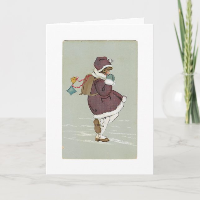 Vintage French Winter Schoolgirl Blank Holiday Card (Front)