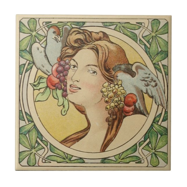 Vintage French Woman Art Nouveau Ceramic Tile (Front)