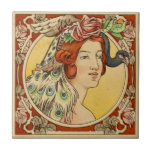 Vintage French Woman Art Nouveau Ceramic Tile<br><div class="desc">Vintage French Ceramic Art circa 1900. The image shows some wear from the original vintage illustration.
Red haired woman with a peahen and rose on her head.
View more vintage tiles in our store.</div>