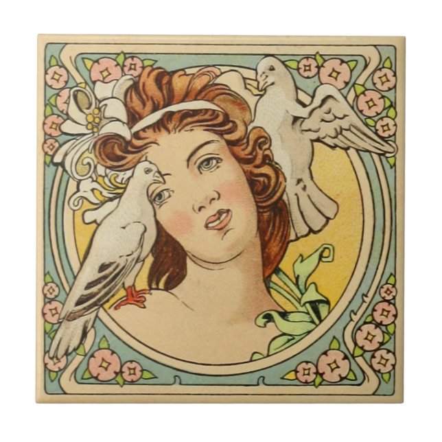 Vintage French Woman Art Nouveau Ceramic Tile (Front)