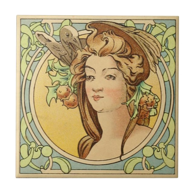 Vintage French Woman Art Nouveau Ceramic Tile (Front)