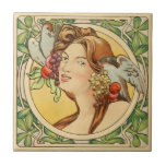 Vintage French Woman Art Nouveau Ceramic Tile<br><div class="desc">Vintage French Ceramic Art circa 1900. The image shows some wear from the original vintage illustration.
Woman with doves and fruit in her hair
View more vintage tiles in our store.</div>