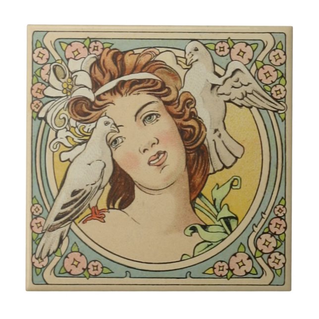 Vintage French Woman Art Nouveau Ceramic Tile (Front)