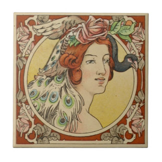 Vintage French Woman Red Art Nouveau Tile