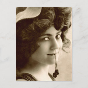 Vintage French Woman with sweet cherries Postcard