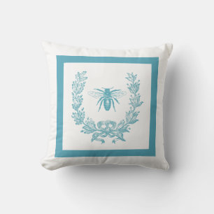 Vintage French Wreath with Bee Pillow 20 x 20 Teal