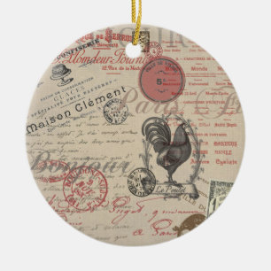 Vintage French Writing Paris Rooster typography Ceramic Tree Decoration