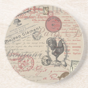 Vintage French Writing Paris Rooster typography Coaster