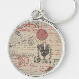 Vintage French Writing Paris Rooster typography Key Ring
