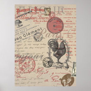 Vintage French Writing Paris Rooster typography Poster
