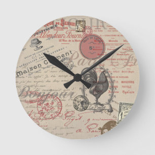 Vintage French Writing Paris Rooster typography Round Clock