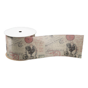 Vintage French Writing Paris Rooster typography Satin Ribbon