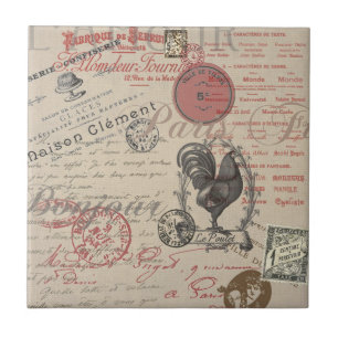 Vintage French Writing Paris Rooster typography Tile