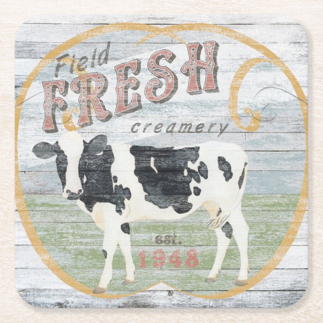 Vintage Fresh Creamery Cow Square Paper Coaster (Front)