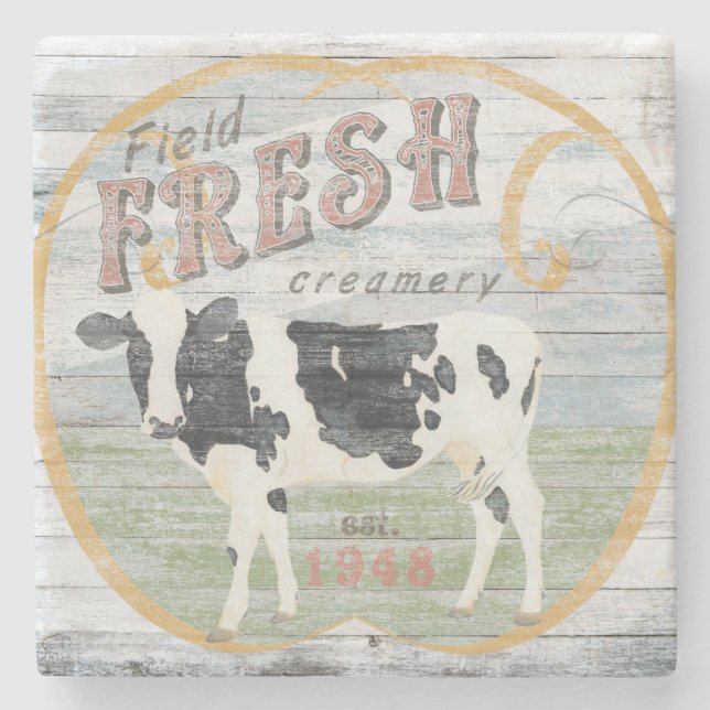 Vintage Fresh Creamery Cow Stone Coaster (Front)