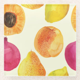 Vintage Fresh Fruits Watercolor Design Glass Coaster