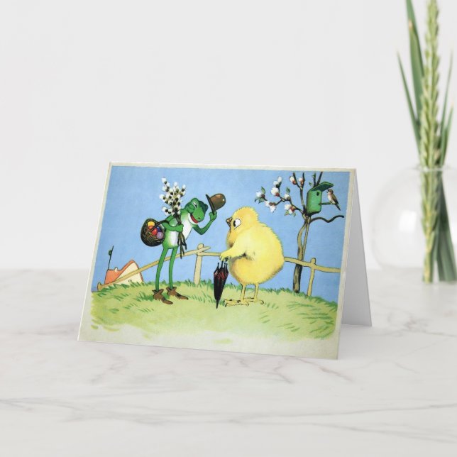 Vintage Frog and Chick Easter Card (Front)