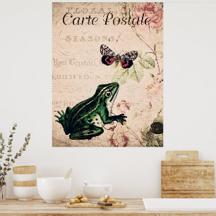 Vintage Frog & Butterfly French Floral  Poster