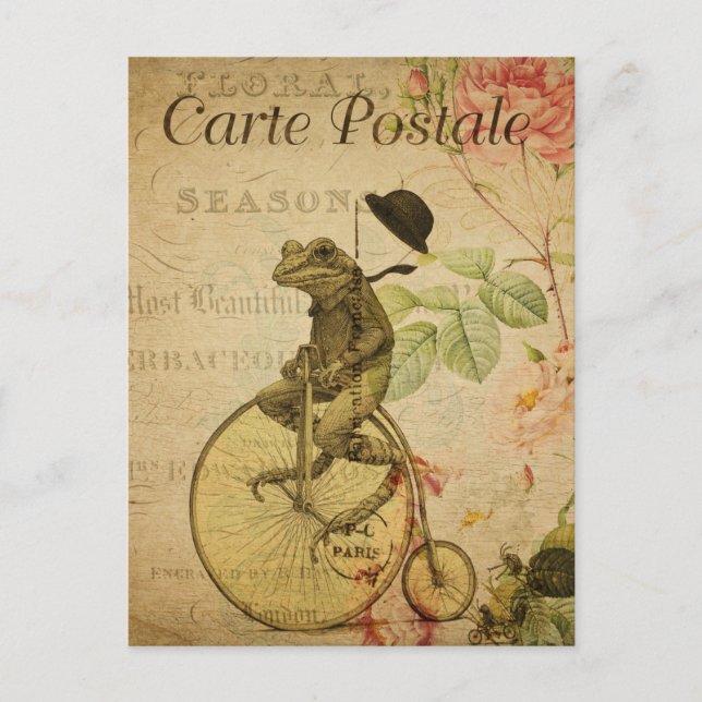 Vintage Frog Riding Bicycle Pink Roses French Postcard (Front)