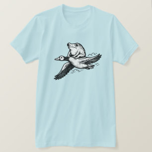 Vintage Frog Riding Flying Goose Woodcut Art T-Shirt