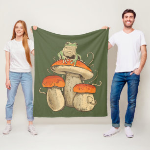 Vintage Frog With Mushrooms Cottagecore Fleece Blanket