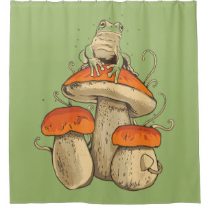 Vintage Frog With Mushrooms Cottagecore Shower Curtain