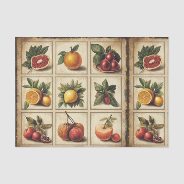 Vintage Fruit Botanical Grid Decoupage Tissue Paper (Front)