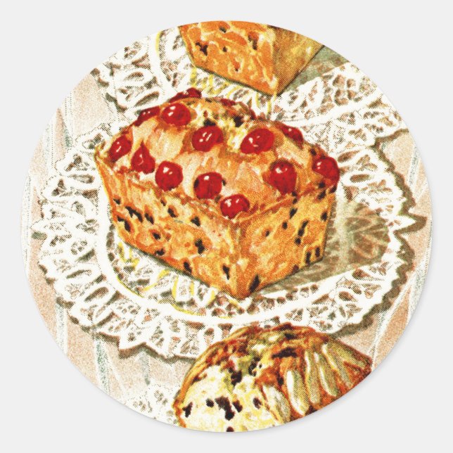 Vintage fruit cake illustration classic round sticker (Front)
