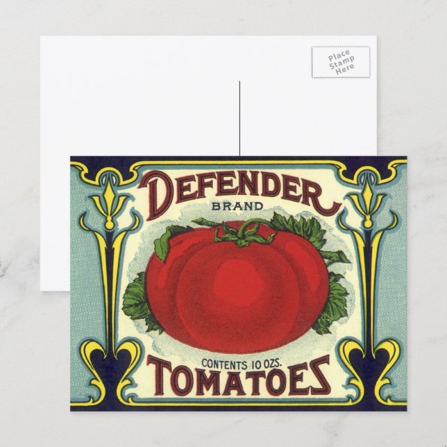 Vintage Fruit Crate Label Art, Defender Tomatoes Postcard (Front/Back)
