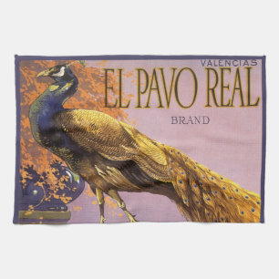 Vintage Fruit Crate Label Art El Pavo Peacock Bird Tea Towel