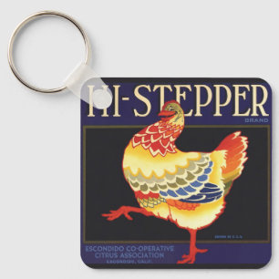 Vintage Fruit Crate Label Art, Hi Stepper Chicken Key Ring