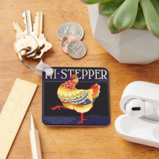 Vintage Fruit Crate Label Art, Hi Stepper Chicken Key Ring