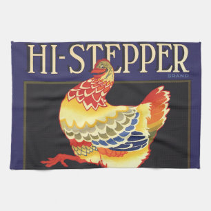 Vintage Fruit Crate Label Art, Hi Stepper Chicken Tea Towel