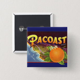 Vintage Fruit Crate Label Art, Pacoast Oranges 15 Cm Square Badge