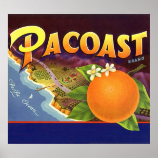 Vintage Fruit Crate Label Art, Pacoast Oranges Poster