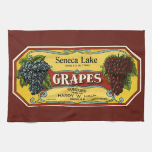 Vintage Fruit Crate Label Art, Seneca Lake Grapes Tea Towel