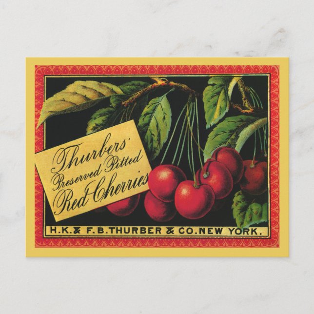 Vintage Fruit Crate Label Art, Thurber Cherries Postcard (Front)